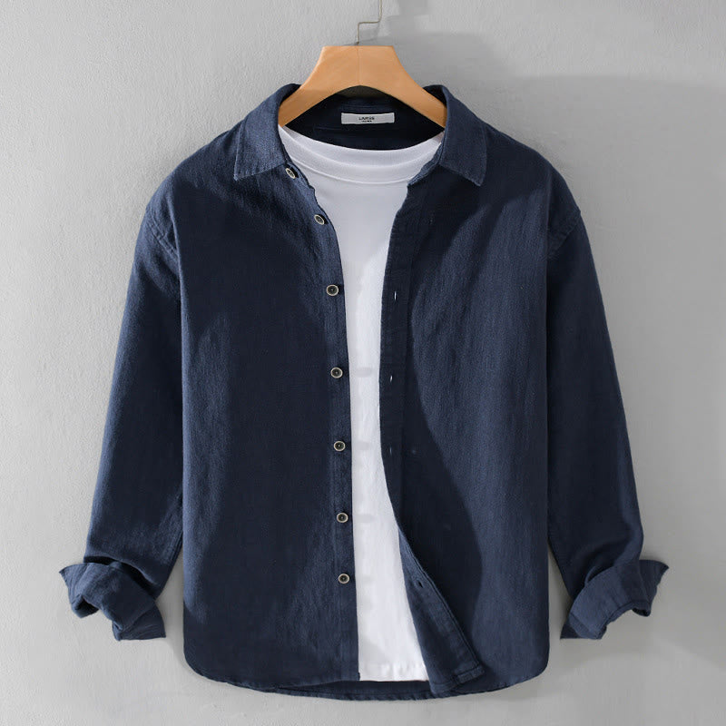 Buddha Stones Men's Pure Color Lapel Buttons Simple Design Ramie Cotton Long Sleeve Shirt