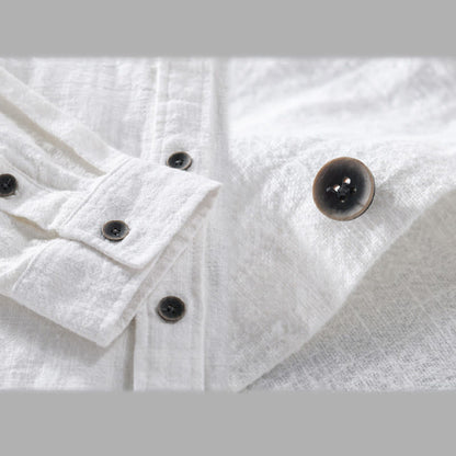 Buddha Stones Men's Pure Color Lapel Buttons Simple Design Ramie Cotton Long Sleeve Shirt