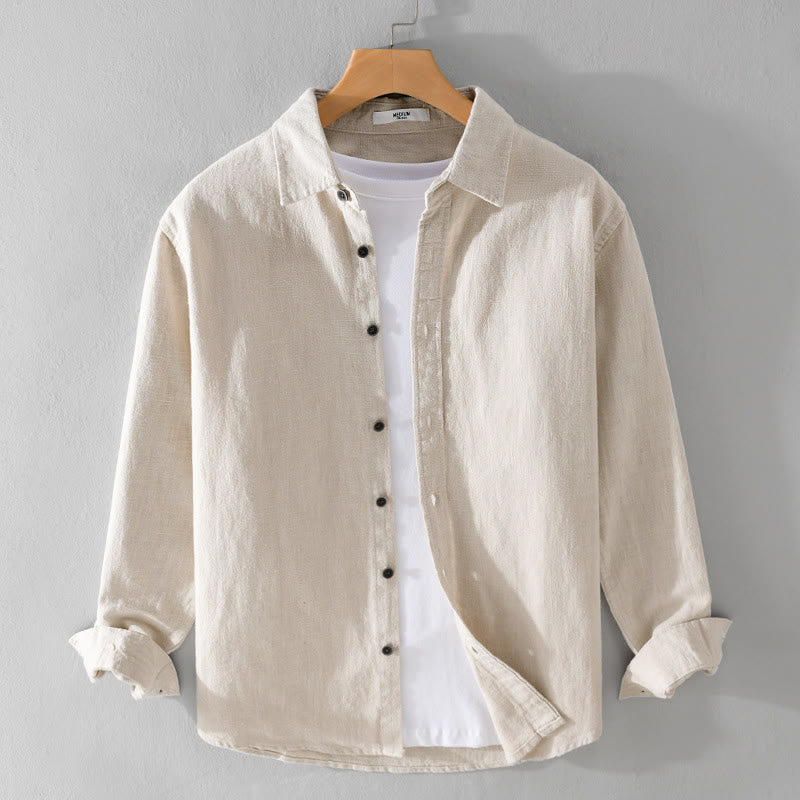 Buddha Stones Men's Pure Color Lapel Buttons Simple Design Ramie Cotton Long Sleeve Shirt