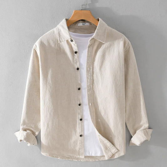 Buddha Stones Men's Pure Color Lapel Buttons Simple Design Ramie Cotton Long Sleeve Shirt
