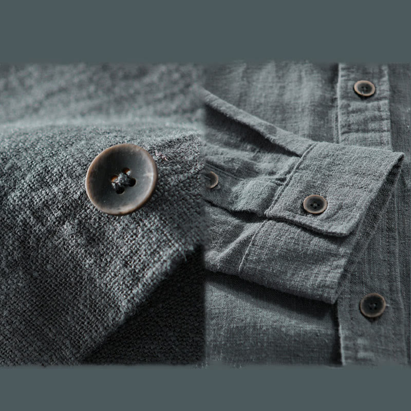 Buddha Stones Men's Pure Color Lapel Buttons Simple Design Ramie Cotton Long Sleeve Shirt