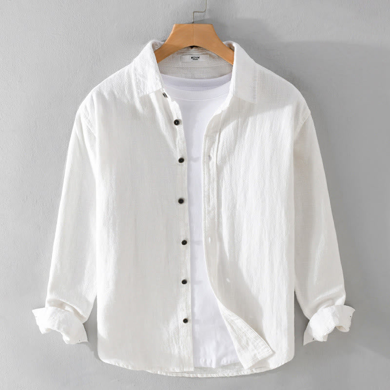 Buddha Stones Men's Pure Color Lapel Buttons Simple Design Ramie Cotton Long Sleeve Shirt