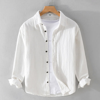 Buddha Stones Men's Pure Color Lapel Buttons Simple Design Ramie Cotton Long Sleeve Shirt