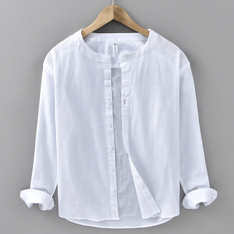 Buddha Stones Men's Spring Pure Color Stand Collar Cotton Linen Long Sleeve Shirt