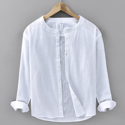 Buddha Stones Men's Spring Pure Color Stand Collar Cotton Linen Long Sleeve Shirt