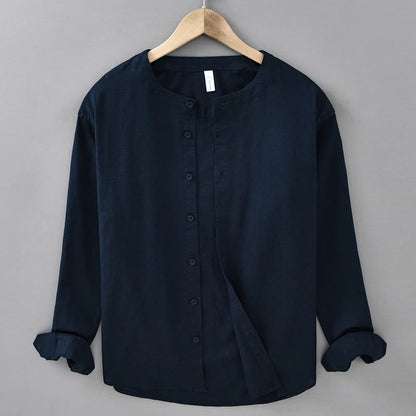 Buddha Stones Men's Spring Pure Color Stand Collar Cotton Linen Long Sleeve Shirt
