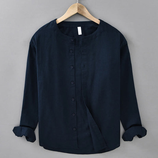 Buddha Stones Men's Spring Pure Color Stand Collar Cotton Linen Long Sleeve Shirt