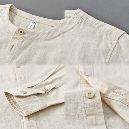 Buddha Stones Men's Spring Pure Color Stand Collar Cotton Linen Long Sleeve Shirt