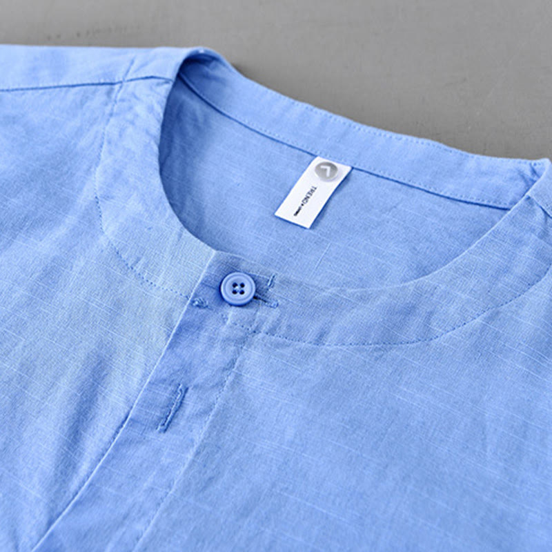 Buddha Stones Men's Spring Pure Color Stand Collar Cotton Linen Long Sleeve Shirt