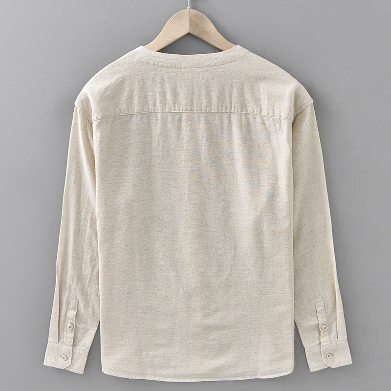 Buddha Stones Men's Spring Pure Color Stand Collar Cotton Linen Long Sleeve Shirt