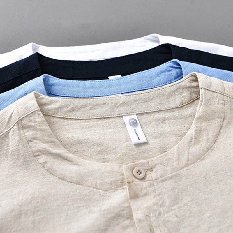 Buddha Stones Men's Spring Pure Color Stand Collar Cotton Linen Long Sleeve Shirt