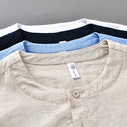 Buddha Stones Men's Spring Pure Color Stand Collar Cotton Linen Long Sleeve Shirt
