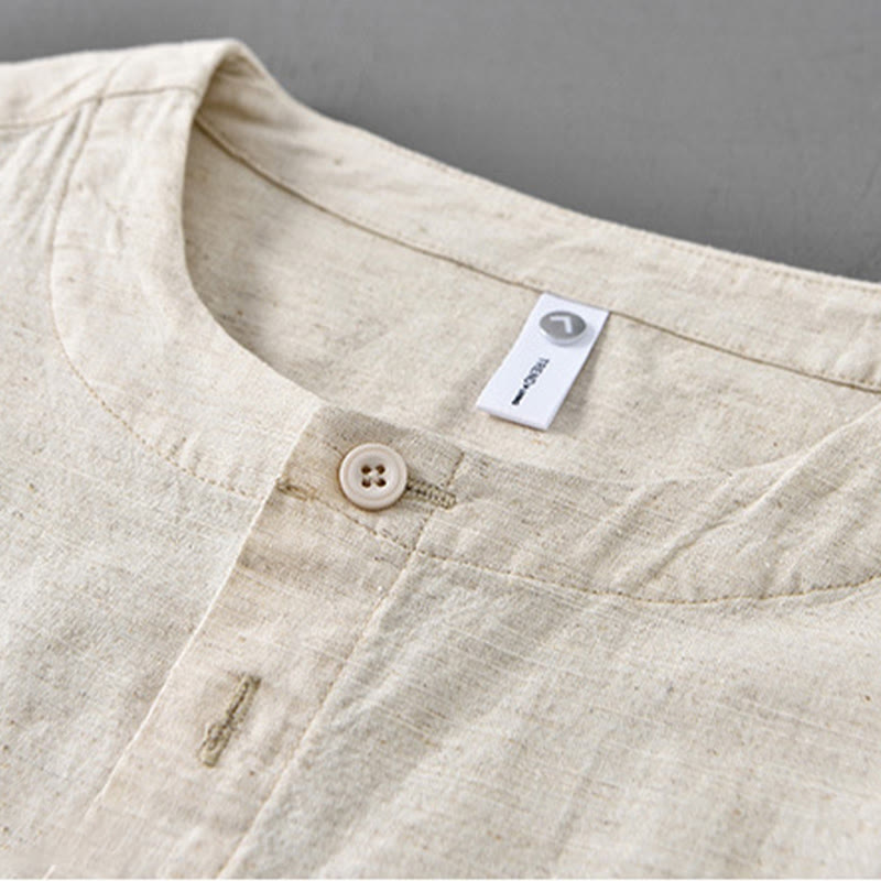 Buddha Stones Men's Spring Pure Color Stand Collar Cotton Linen Long Sleeve Shirt