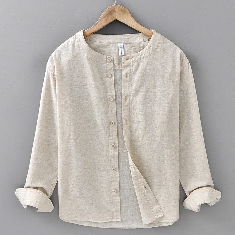 Buddha Stones Men's Spring Pure Color Stand Collar Cotton Linen Long Sleeve Shirt