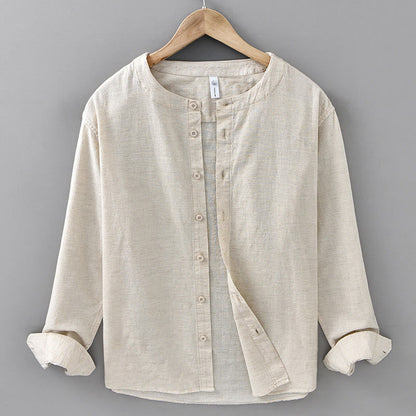 Buddha Stones Men's Spring Pure Color Stand Collar Cotton Linen Long Sleeve Shirt