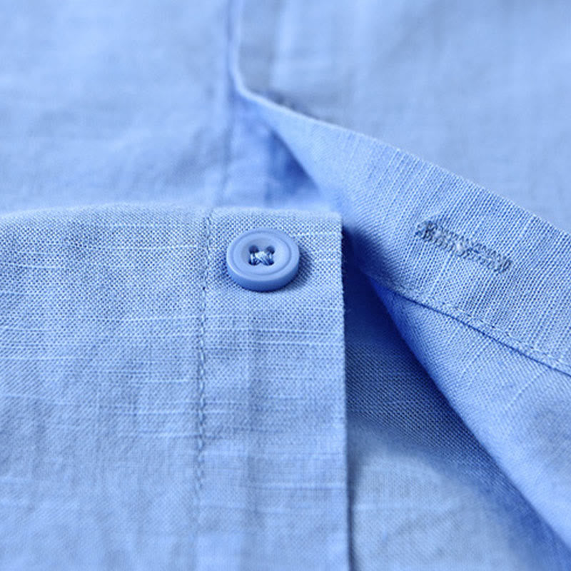 Buddha Stones Men's Spring Pure Color Stand Collar Cotton Linen Long Sleeve Shirt