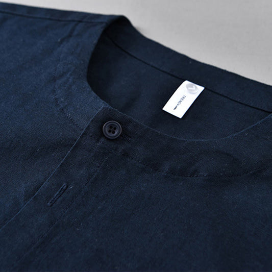 Buddha Stones Men's Spring Pure Color Stand Collar Cotton Linen Long Sleeve Shirt