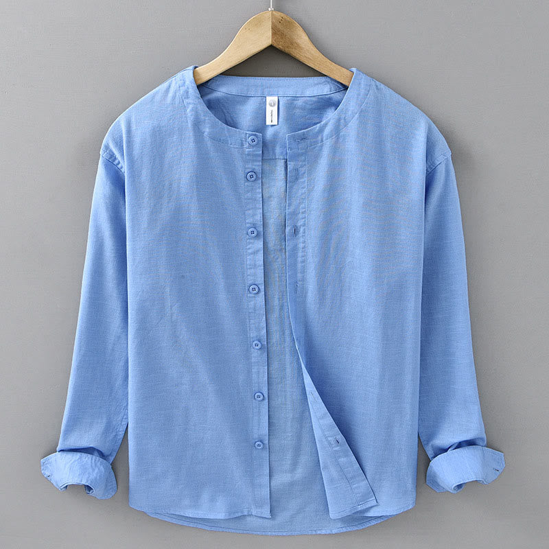 Buddha Stones Men's Spring Pure Color Stand Collar Cotton Linen Long Sleeve Shirt