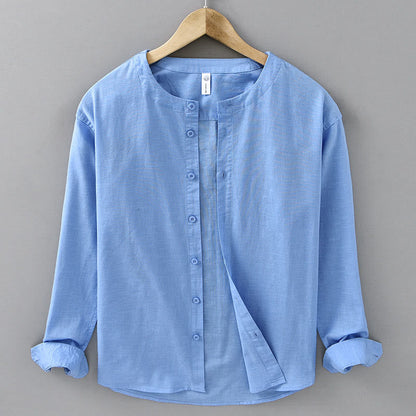 Buddha Stones Men's Spring Pure Color Stand Collar Cotton Linen Long Sleeve Shirt