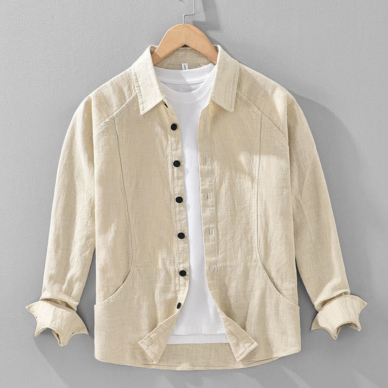 Buddha Stones Men's Fall Plain Ramie Cotton Long Sleeve Lapel Shirt With Pockets