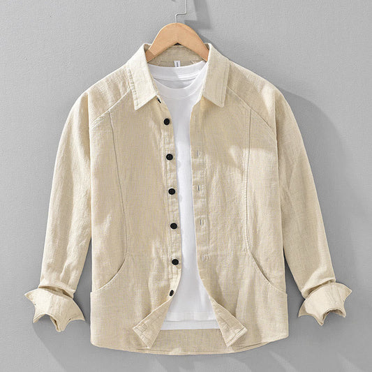 Buddha Stones Men's Fall Plain Ramie Cotton Long Sleeve Lapel Shirt With Pockets