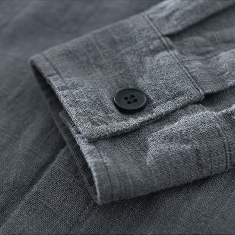Buddha Stones Men's Fall Plain Ramie Cotton Long Sleeve Lapel Shirt With Pockets