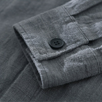Buddha Stones Men's Fall Plain Ramie Cotton Long Sleeve Lapel Shirt With Pockets