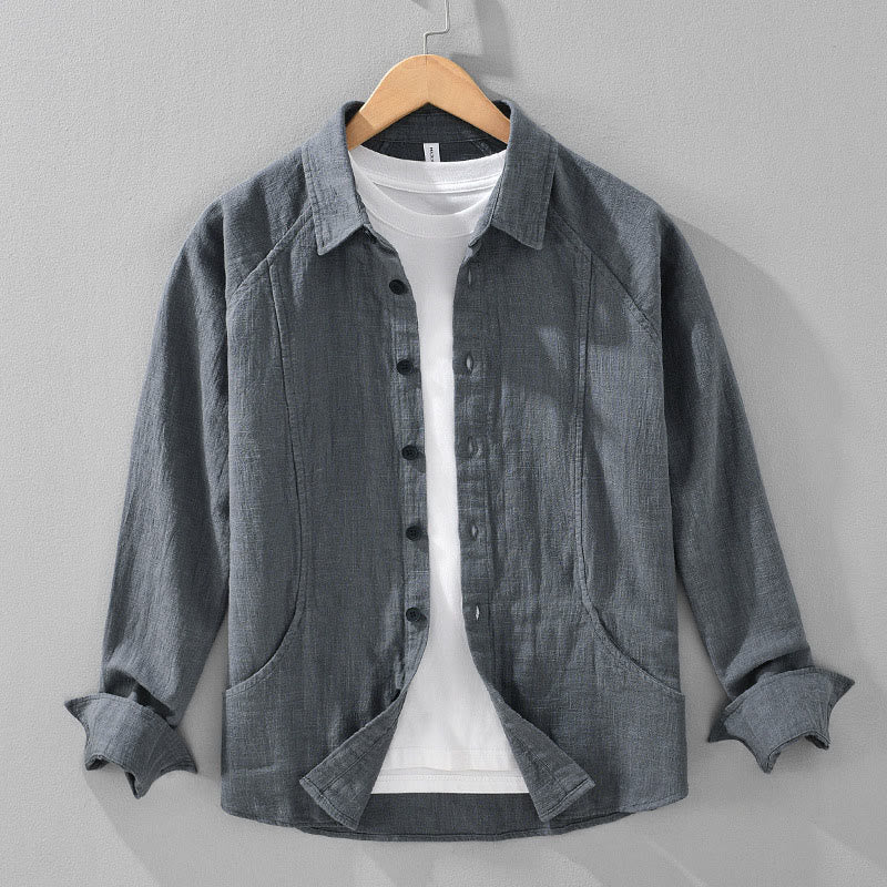 Buddha Stones Men's Fall Plain Ramie Cotton Long Sleeve Lapel Shirt With Pockets