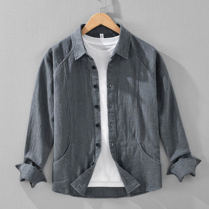 Buddha Stones Men's Fall Plain Ramie Cotton Long Sleeve Lapel Shirt With Pockets