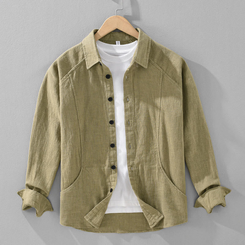 Buddha Stones Men's Fall Plain Ramie Cotton Long Sleeve Lapel Shirt With Pockets