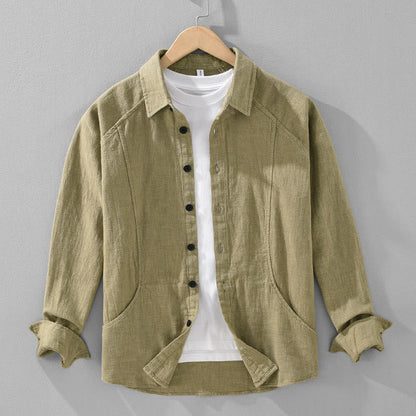 Buddha Stones Men's Fall Plain Ramie Cotton Long Sleeve Lapel Shirt With Pockets