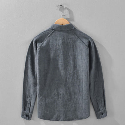 Buddha Stones Men's Fall Plain Ramie Cotton Long Sleeve Lapel Shirt With Pockets