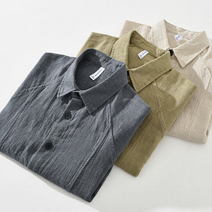 Buddha Stones Men's Fall Plain Ramie Cotton Long Sleeve Lapel Shirt With Pockets