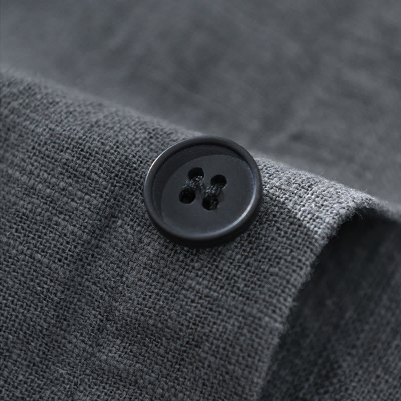 Buddha Stones Men's Fall Plain Ramie Cotton Long Sleeve Lapel Shirt With Pockets