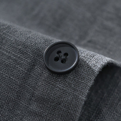 Buddha Stones Men's Fall Plain Ramie Cotton Long Sleeve Lapel Shirt With Pockets