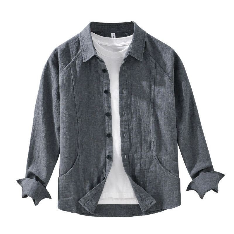Buddha Stones Men's Fall Plain Ramie Cotton Long Sleeve Lapel Shirt With Pockets