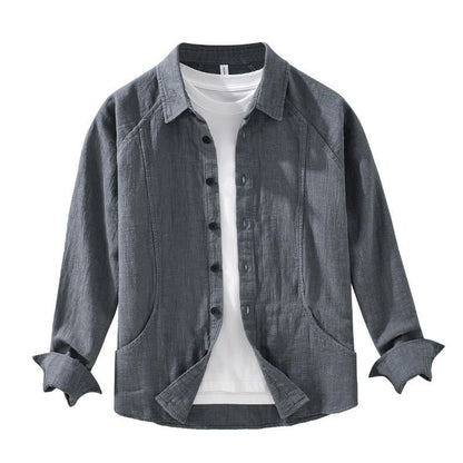 Buddha Stones Men's Fall Plain Ramie Cotton Long Sleeve Lapel Shirt With Pockets