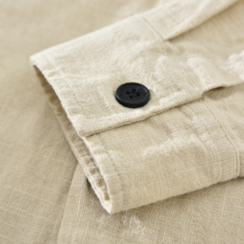 Buddha Stones Men's Fall Plain Ramie Cotton Long Sleeve Lapel Shirt With Pockets