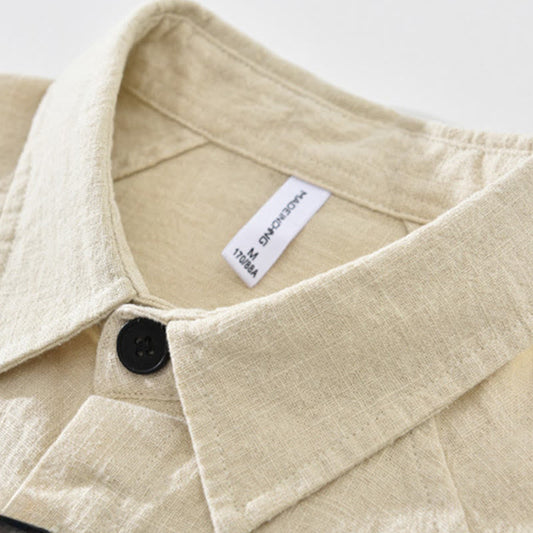Buddha Stones Men's Fall Plain Ramie Cotton Long Sleeve Lapel Shirt With Pockets
