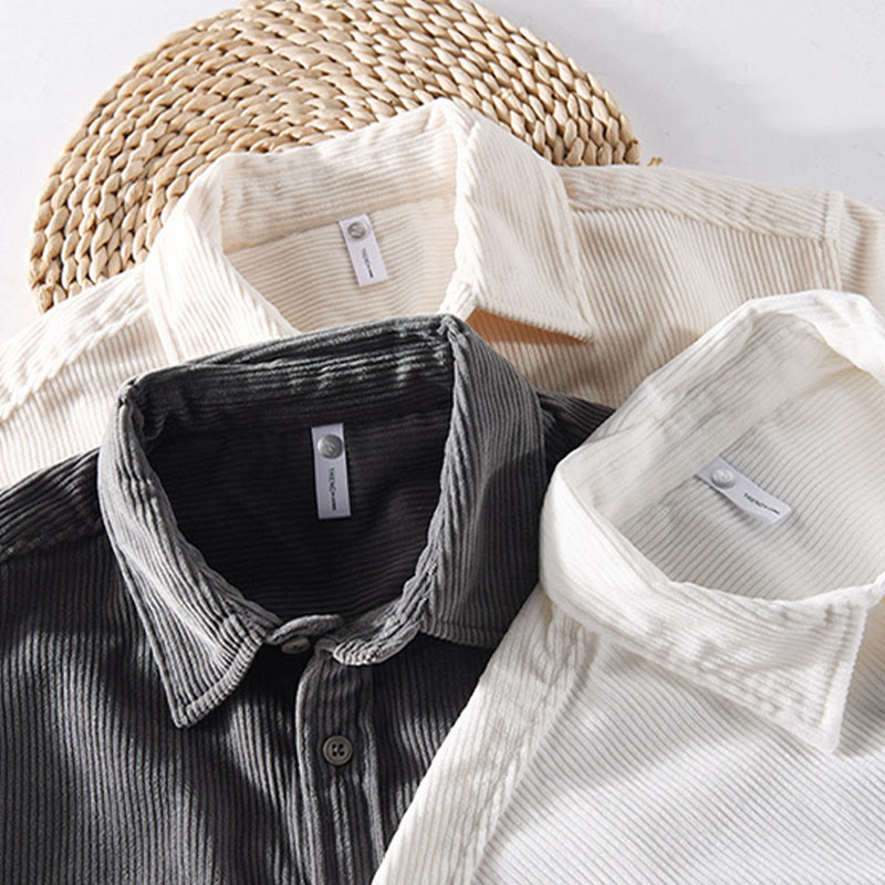 Buddha Stones Spring Plain Simple Buttons Design Corduroy Men's Long Sleeve Jacket With Pockets