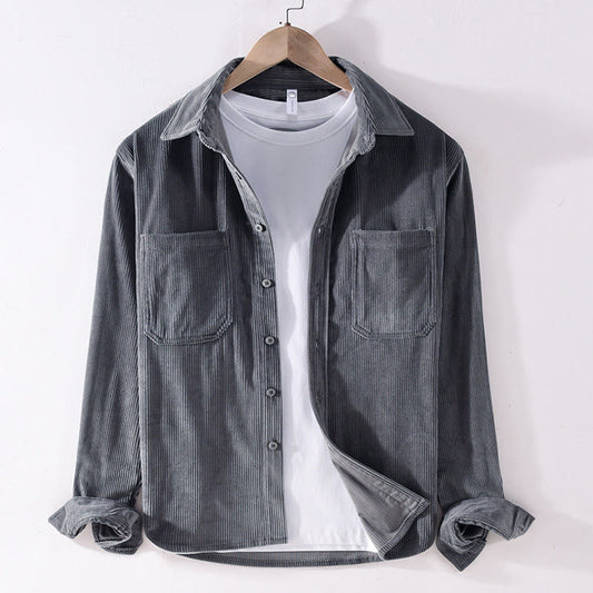 Buddha Stones Spring Plain Simple Buttons Design Corduroy Men's Long Sleeve Jacket With Pockets