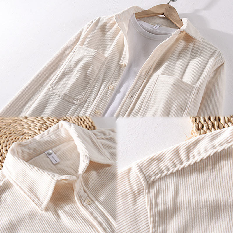 Buddha Stones Spring Plain Simple Buttons Design Corduroy Men's Long Sleeve Jacket With Pockets