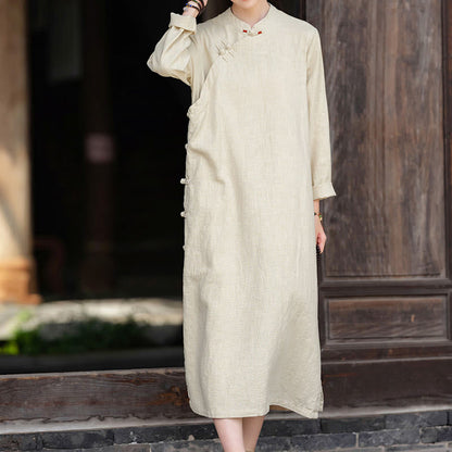 Buddha Stones Fall Plain Chinese Frog-Button Design Cotton Linen Long Sleeve Midi Dress With Pockets