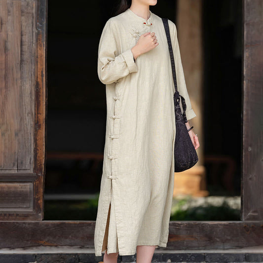 Buddha Stones Fall Plain Chinese Frog-Button Design Cotton Linen Long Sleeve Midi Dress With Pockets