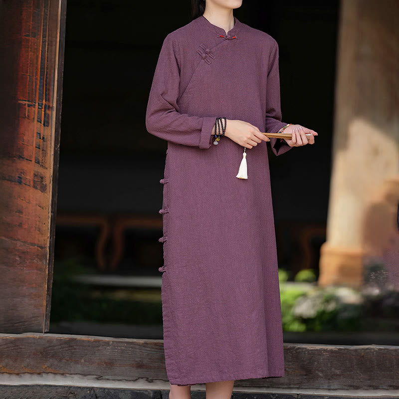 Buddha Stones Fall Plain Chinese Frog-Button Design Cotton Linen Long Sleeve Midi Dress With Pockets