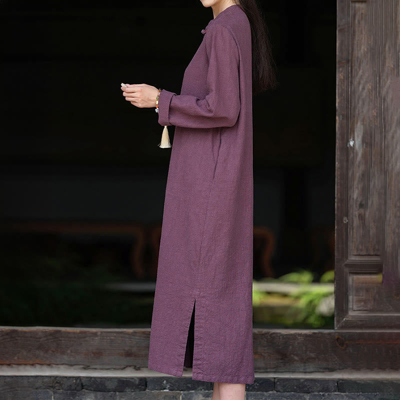 Buddha Stones Fall Plain Chinese Frog-Button Design Cotton Linen Long Sleeve Midi Dress With Pockets