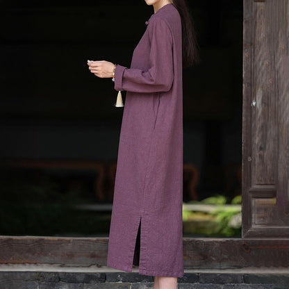 Buddha Stones Fall Plain Chinese Frog-Button Design Cotton Linen Long Sleeve Midi Dress With Pockets