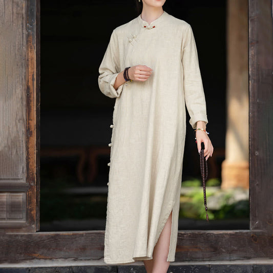 Buddha Stones Fall Plain Chinese Frog-Button Design Cotton Linen Long Sleeve Midi Dress With Pockets