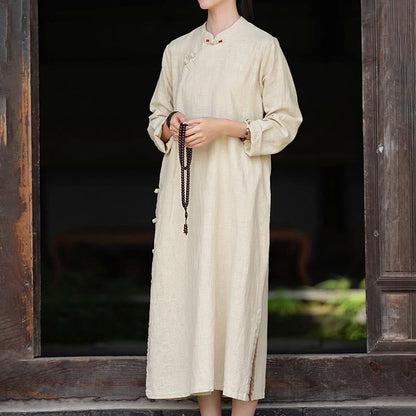 Buddha Stones Fall Plain Chinese Frog-Button Design Cotton Linen Long Sleeve Midi Dress With Pockets