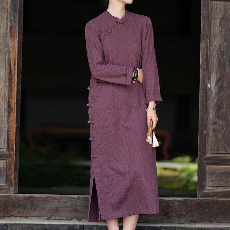 Buddha Stones Fall Plain Chinese Frog-Button Design Cotton Linen Long Sleeve Midi Dress With Pockets